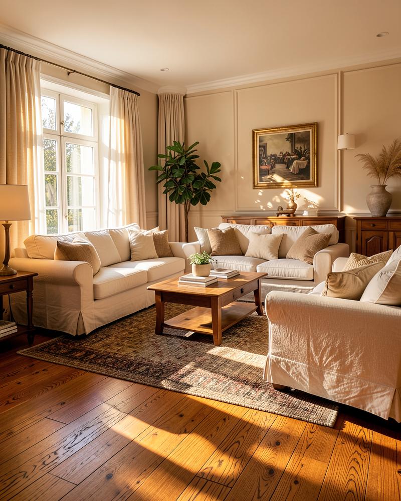 Bright, welcoming living room with light wood floors